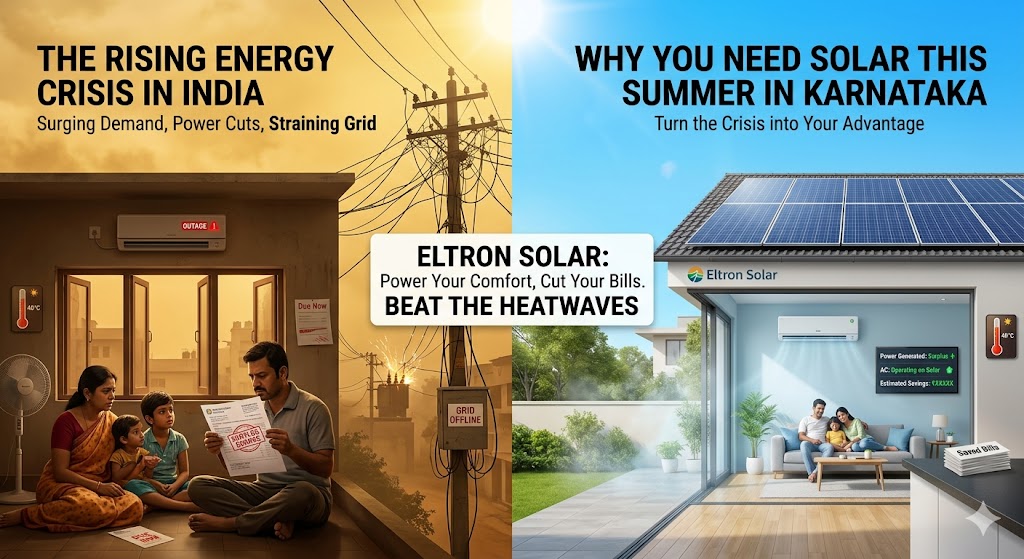 A split-panel photograph contrasting an energy crisis with solar solutions. On the left, a gloomy, over-heated home with a sweating family, 'Outage' warning on the AC, and an 'Off-grid' power pole during the Indian energy crisis. On the right, a bright, modern Eltron Solar-installed home in Karnataka, where a comfortable family relaxes with active AC, 'Surplus' power generation, and 'Saved Bills,' demonstrating the benefits of going solar in summer.